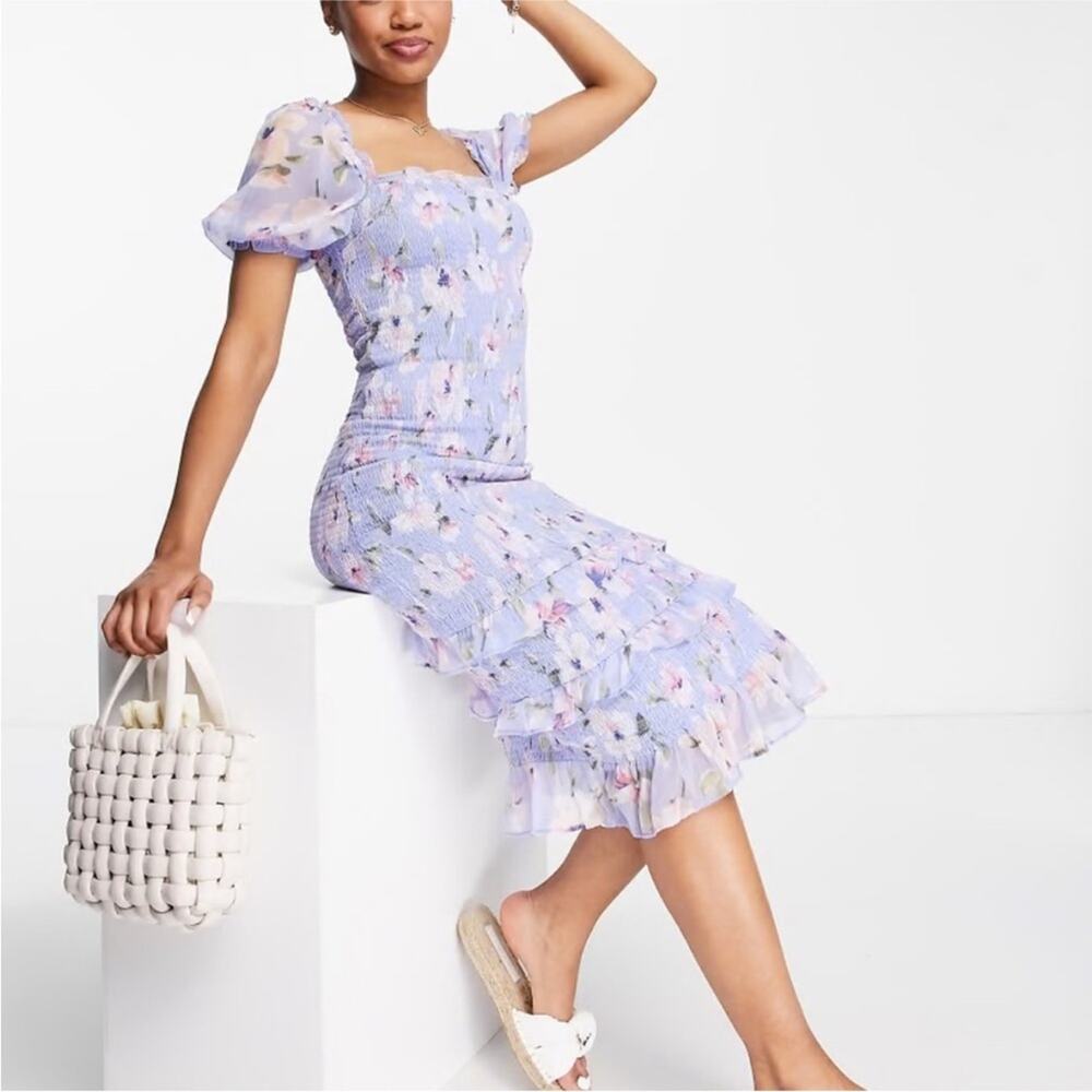 Abercrombie & Fitch Soft Blue Floral Smocked Bodycon Midi Dress Puff Sleeve XLT